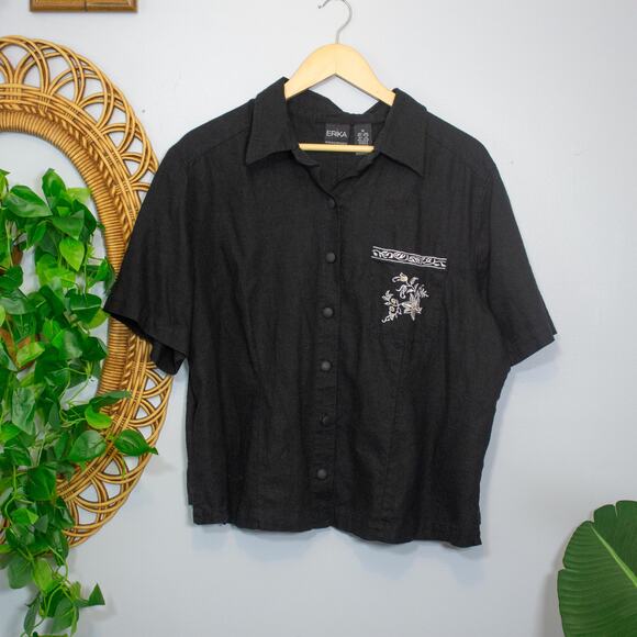 Vtg Erika Black Linen Blend Embroidered Button Short Sleeve Top 1X | Dark Winter - Picture 1 of 7